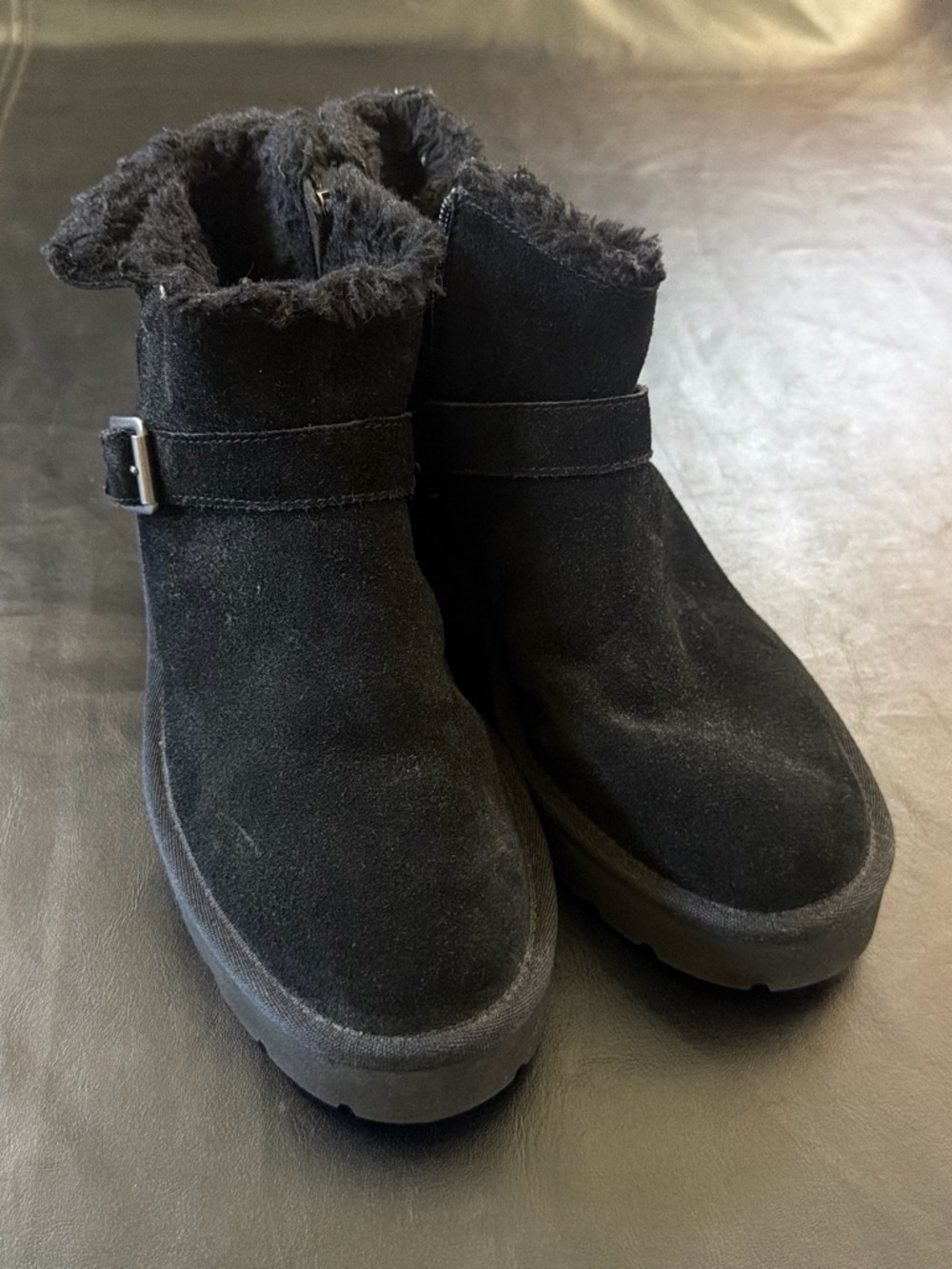 Koolaburra Black Faux Suede Fur-Lined Ankle Booties with Buckle